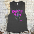 Charcoal Bunny Man muscle tank featuring neon pink text and a creepy bunny holding an axe graphic on front panel