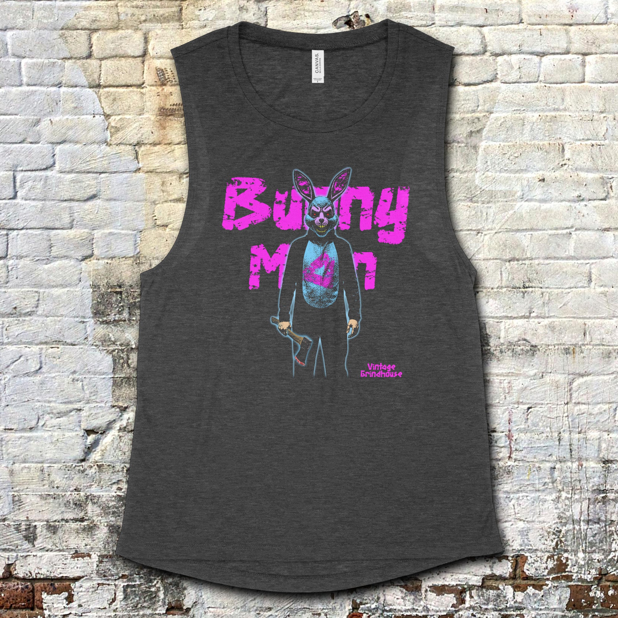 Charcoal Bunny Man muscle tank featuring neon pink text and a creepy bunny holding an axe graphic on front panel