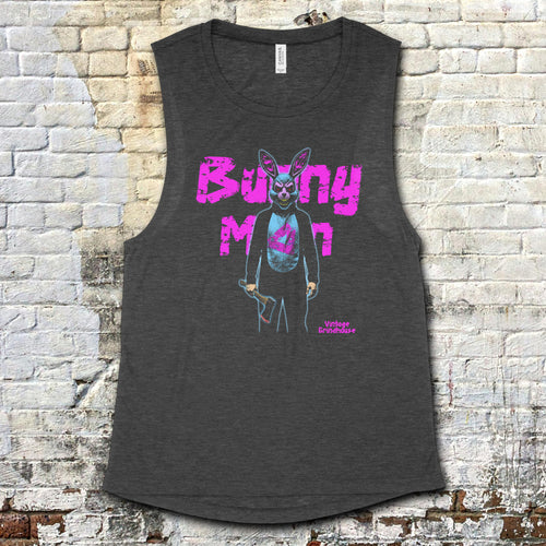 Charcoal Bunny Man muscle tank featuring neon pink text and a creepy bunny holding an axe graphic on front panel
