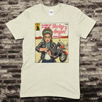 Beige t-shirt featuring a vintage comic style graphic of a woman aiming a shotgun with Bury Me an Angel text on front