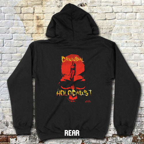 Cannibal Holocaust hoodie (rear print) featuring distressed red skull graphic with bold yellow text on black fabric