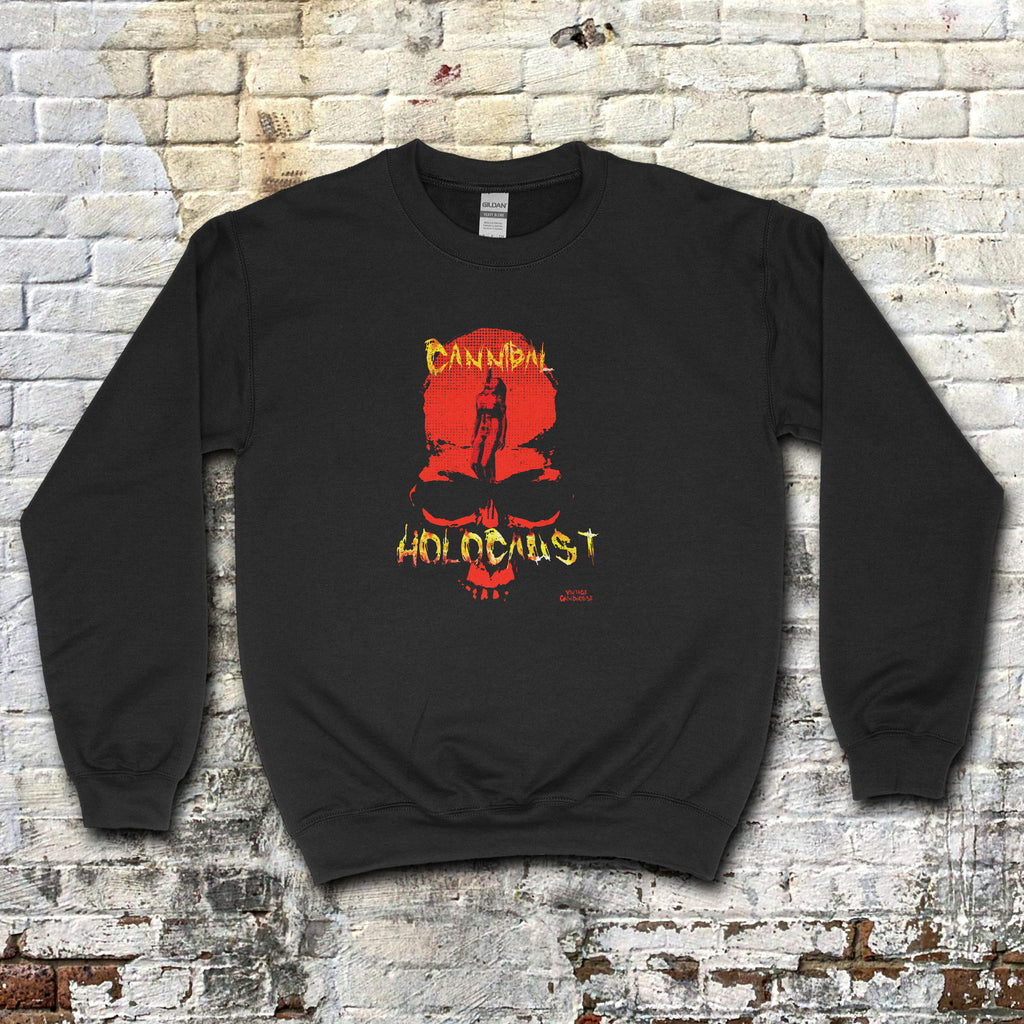 Black sweatshirt featuring a bold red and yellow graphic with text and a dark silhouette, Cannibal Holocaust sweatshirt
