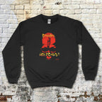 Black sweatshirt featuring a bold red and yellow graphic with text and a dark silhouette, Cannibal Holocaust sweatshirt