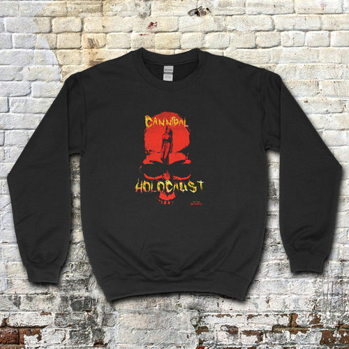 Black sweatshirt featuring a bold red and yellow graphic with text and a dark silhouette, Cannibal Holocaust sweatshirt