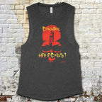Cannibal Holocaust muscle tank with fiery skull and distressed yellow text on dark gray fabric against brick background
