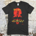 Black t-shirt featuring a red skull graphic with a naked figure inside and distressed yellow Cannibal Holocaust text on front