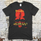 Black t-shirt featuring a red skull graphic with a naked figure inside and distressed yellow Cannibal Holocaust text on front