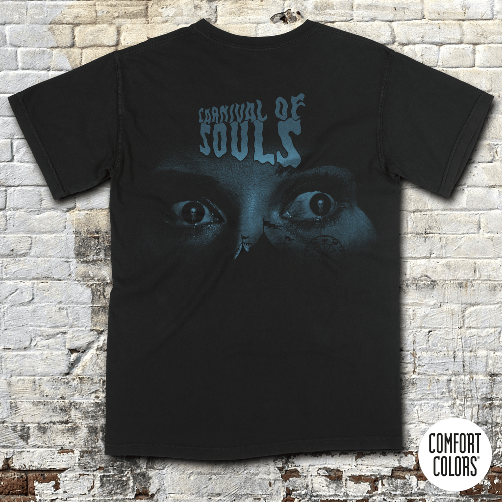 Carnival of Souls t-shirt with eerie blue eyes and distressed text on black vintage grindhouse style shirt.