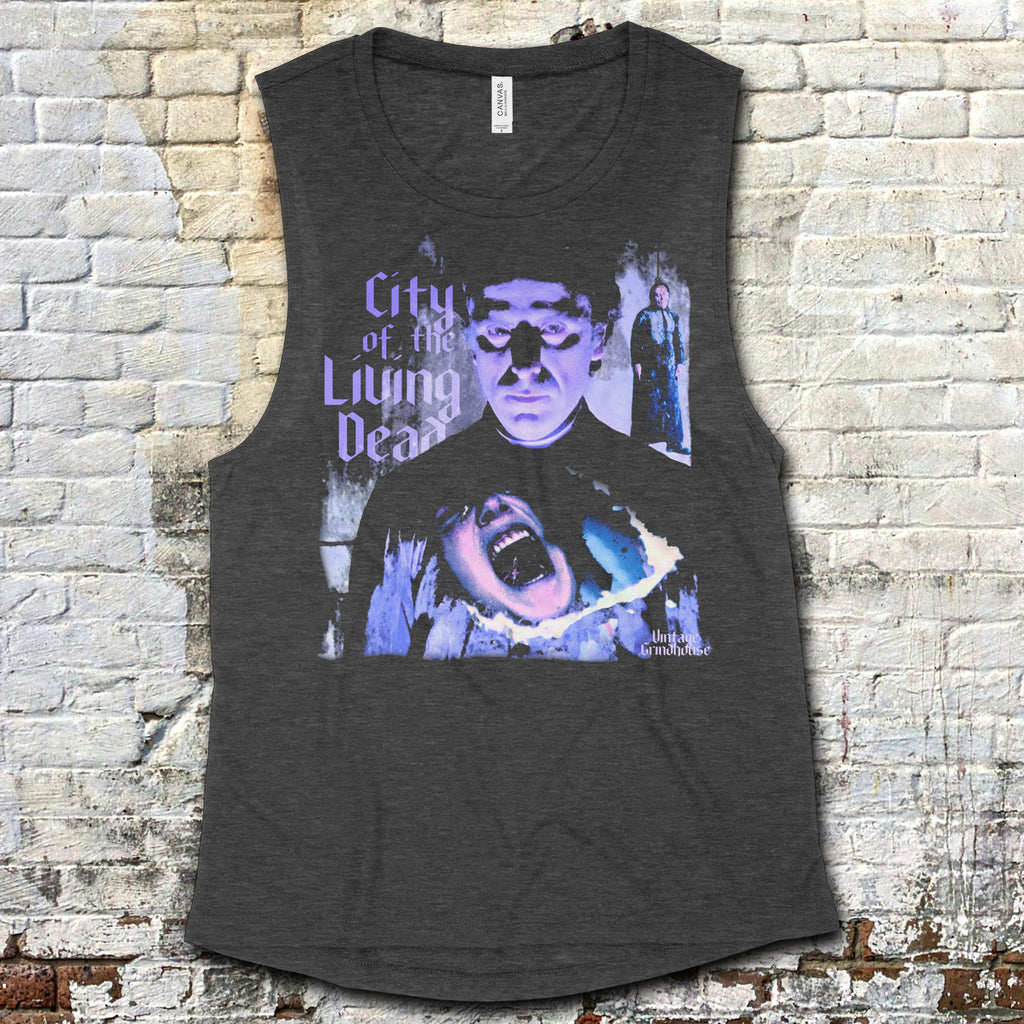 City of the Living Dead muscle tank featuring eerie horror movie collage with ghostly faces and dramatic shadows on dark fabric