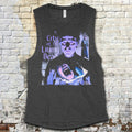 City of the Living Dead muscle tank featuring eerie horror movie collage with ghostly faces and dramatic shadows on dark fabric