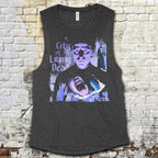 City of the Living Dead muscle tank featuring eerie horror movie collage with ghostly faces and dramatic shadows on dark fabric