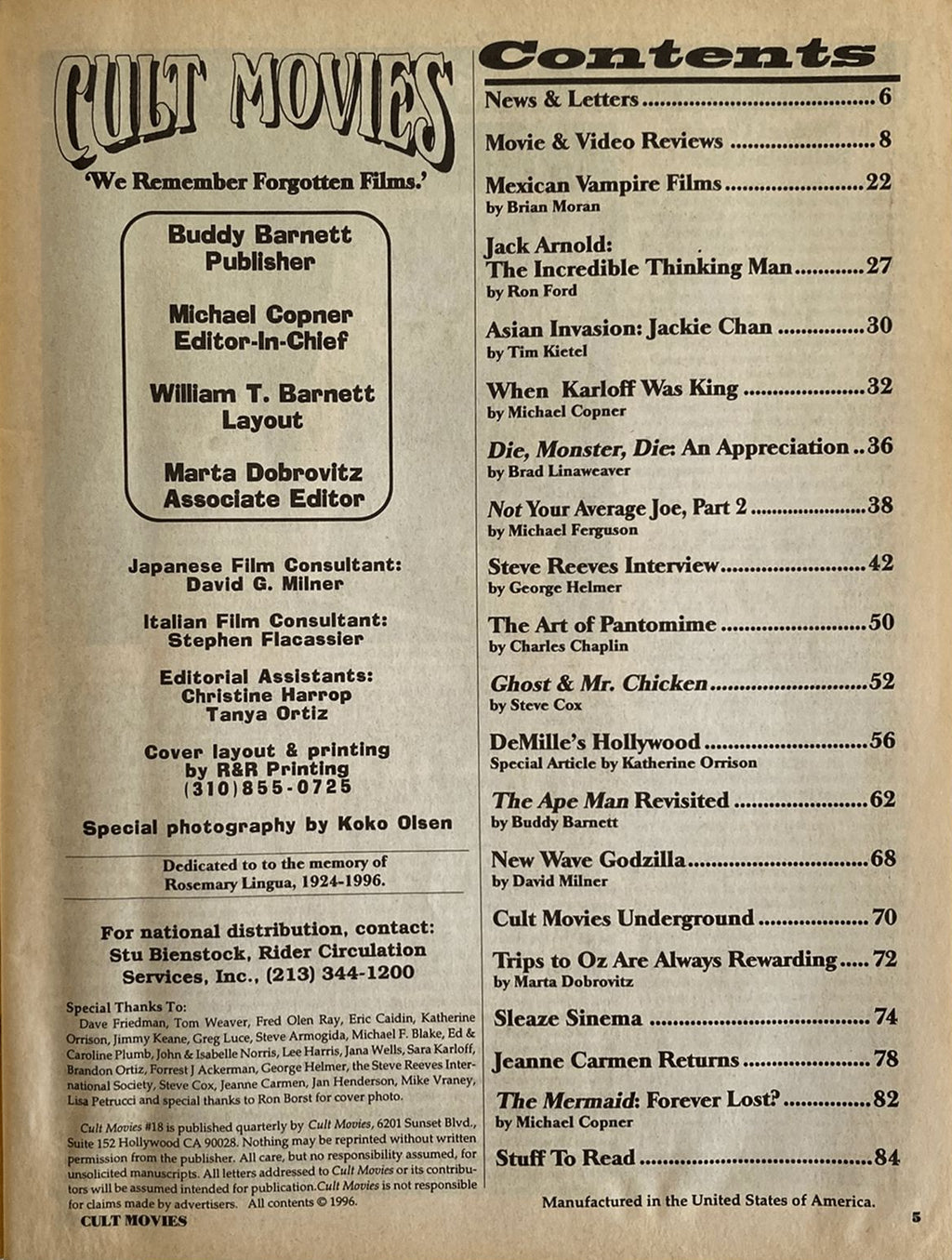 Table of contents page for a magazine titled 'Cult Movies' with text and layout.