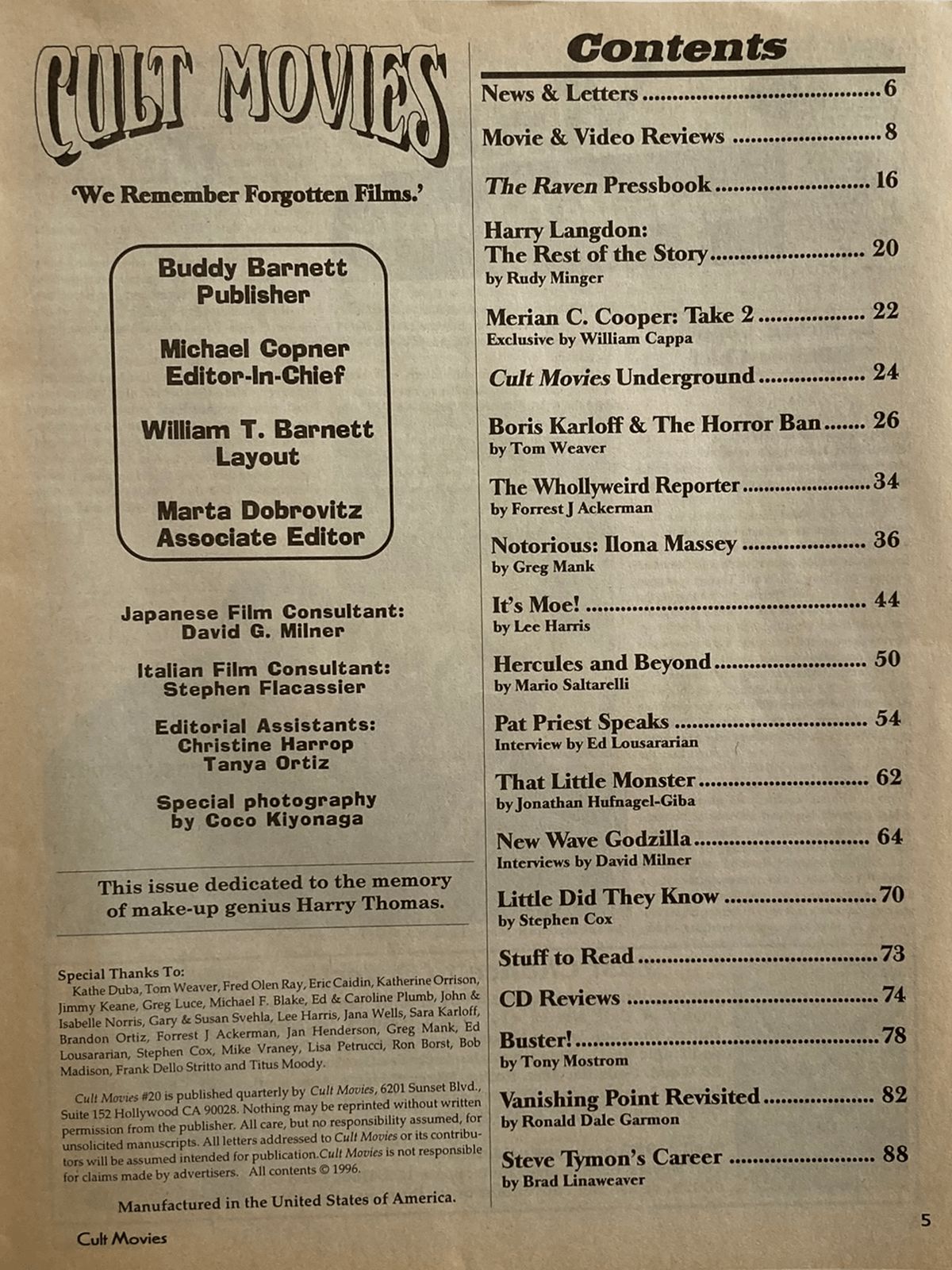 Table of contents page from a magazine titled 'Cult Movies' with text and names.