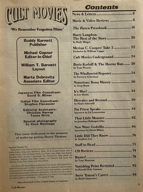 Table of contents page from a magazine titled 'Cult Movies' with text and names.