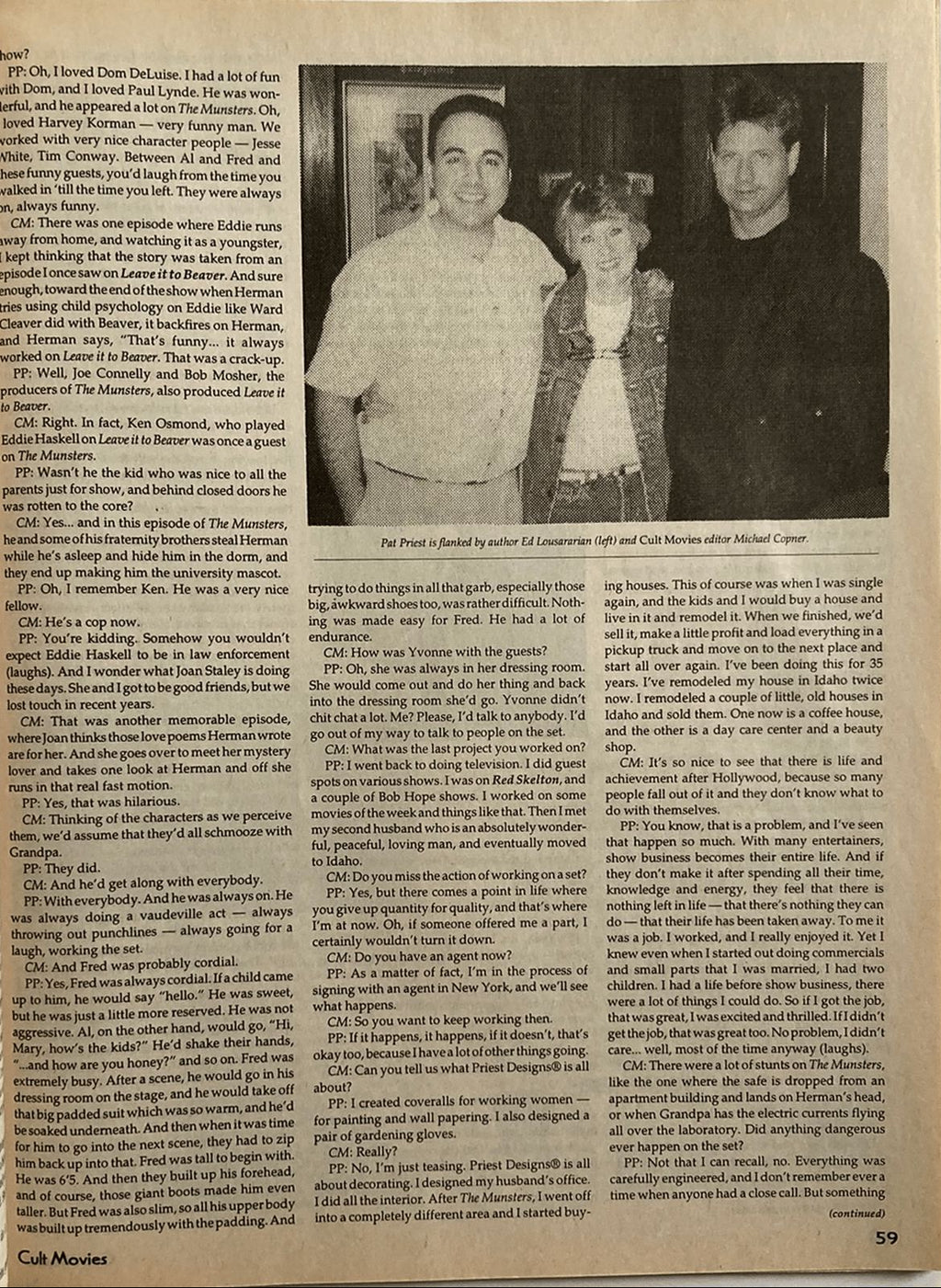 Page from a book or magazine with a photograph of three people and text on a light brown background.
