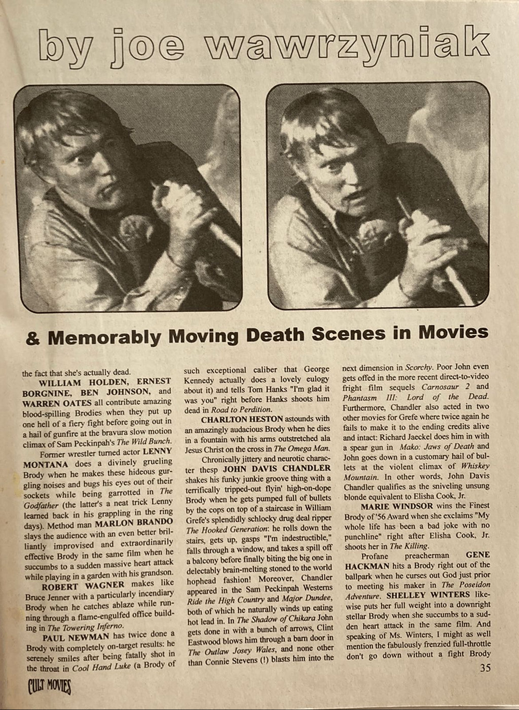 Two framed images of a person holding a gun with text about memorable death scenes in movies.