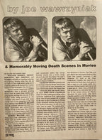 Two framed images of a person holding a gun with text about memorable death scenes in movies.