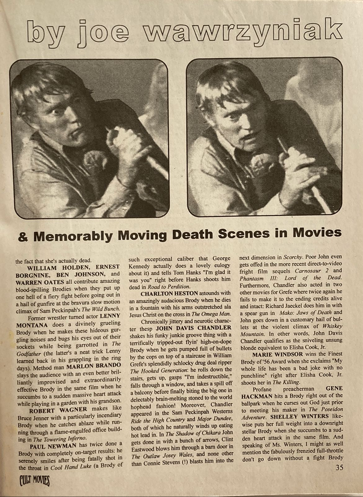 Two framed images of a person holding a gun with text about memorable death scenes in movies.