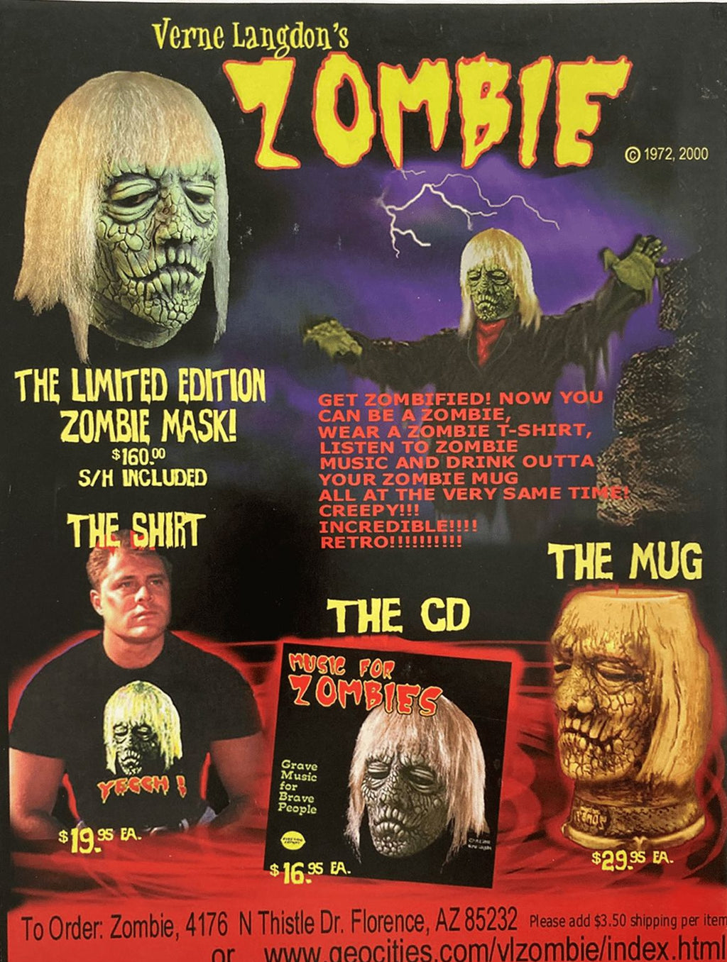 Promotional poster for Verne Langdon's Zombie product line including mask, shirt, CD, and mug.
