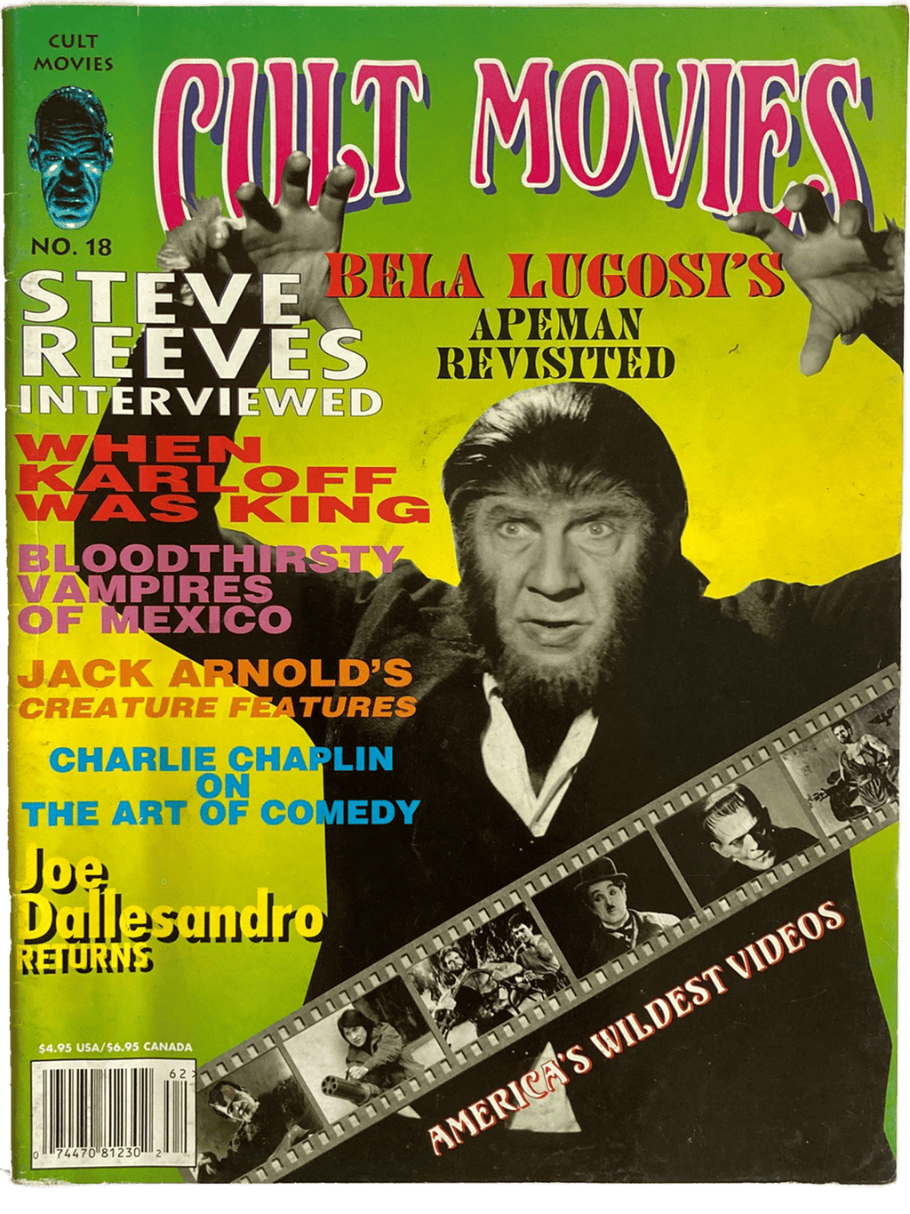 Magazine cover featuring Steve Reeves and Bela Lugosi with text about cult movies.