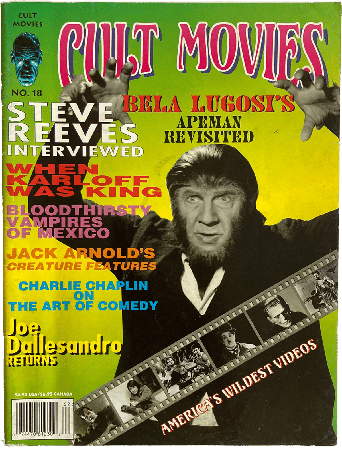 Magazine cover featuring Steve Reeves and Bela Lugosi with text about cult movies.