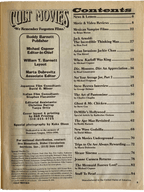 Table of contents page for a magazine titled 'Cult Movies' with black text on a brown background.