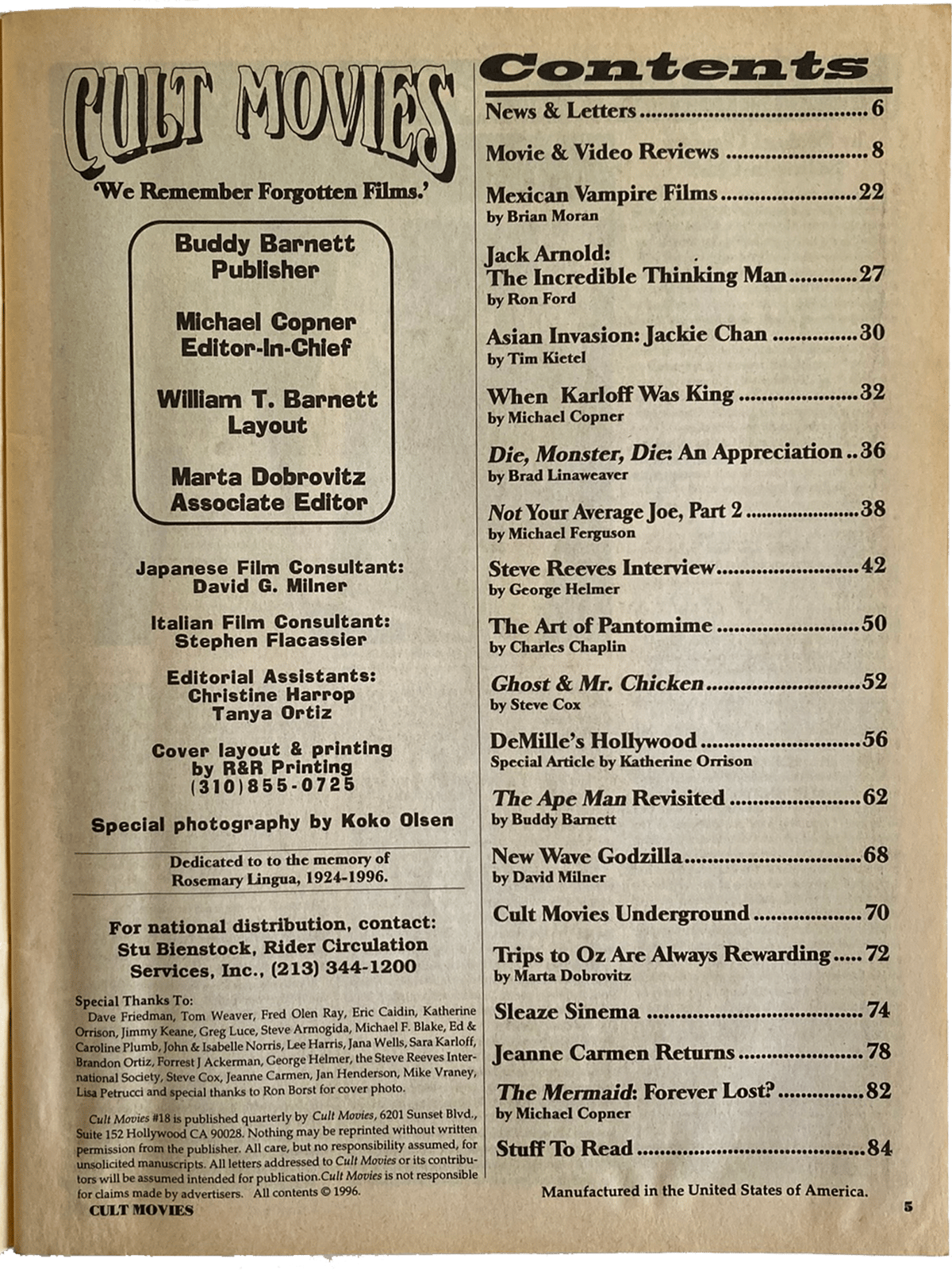 Table of contents page for a magazine titled 'Cult Movies' with black text on a brown background.