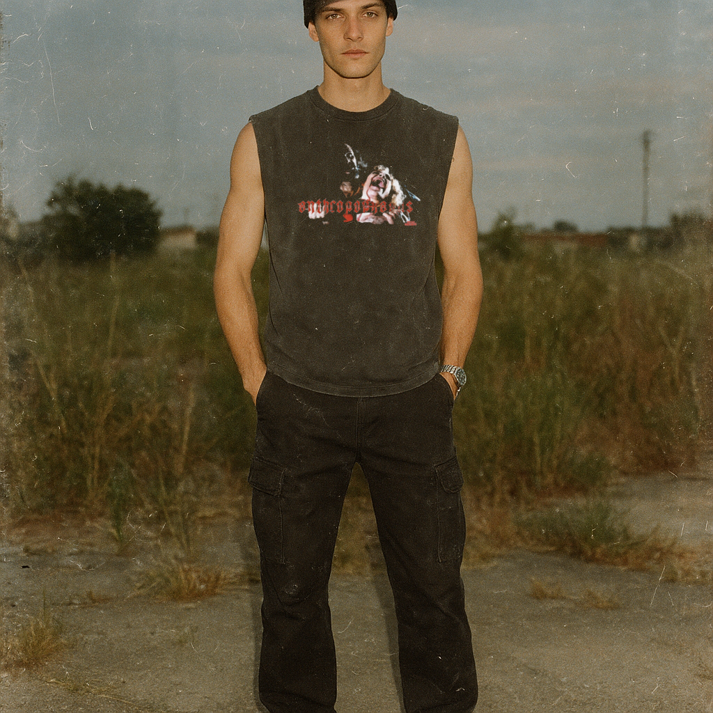 Man wearing a sleeveless shirt with graphic design standing in an open field.