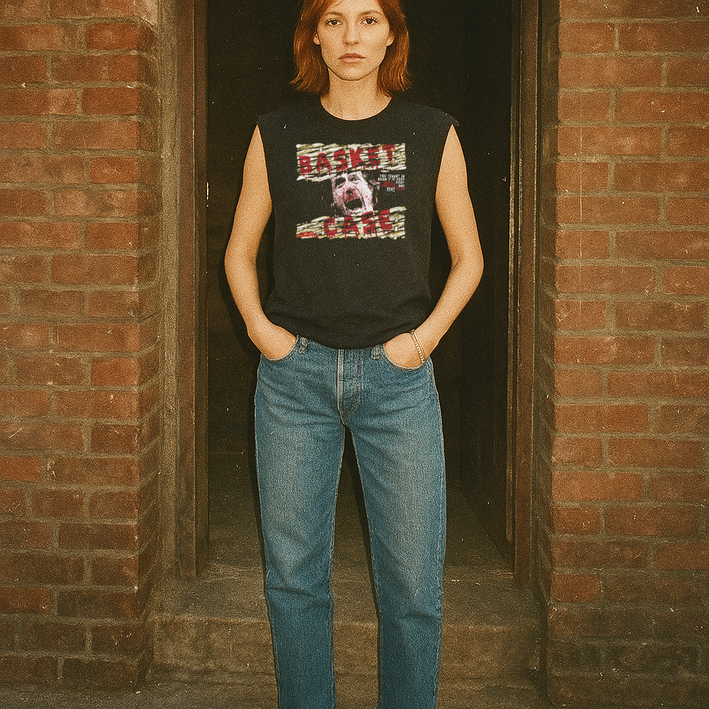 Basket Case muscle tank worn by model with intense screaming face graphic and distressed text on black fabric background