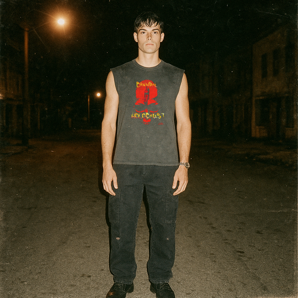 Cannibal Holocaust muscle tank with bold red graphic and distressed yellow text worn by model standing on dark street at night