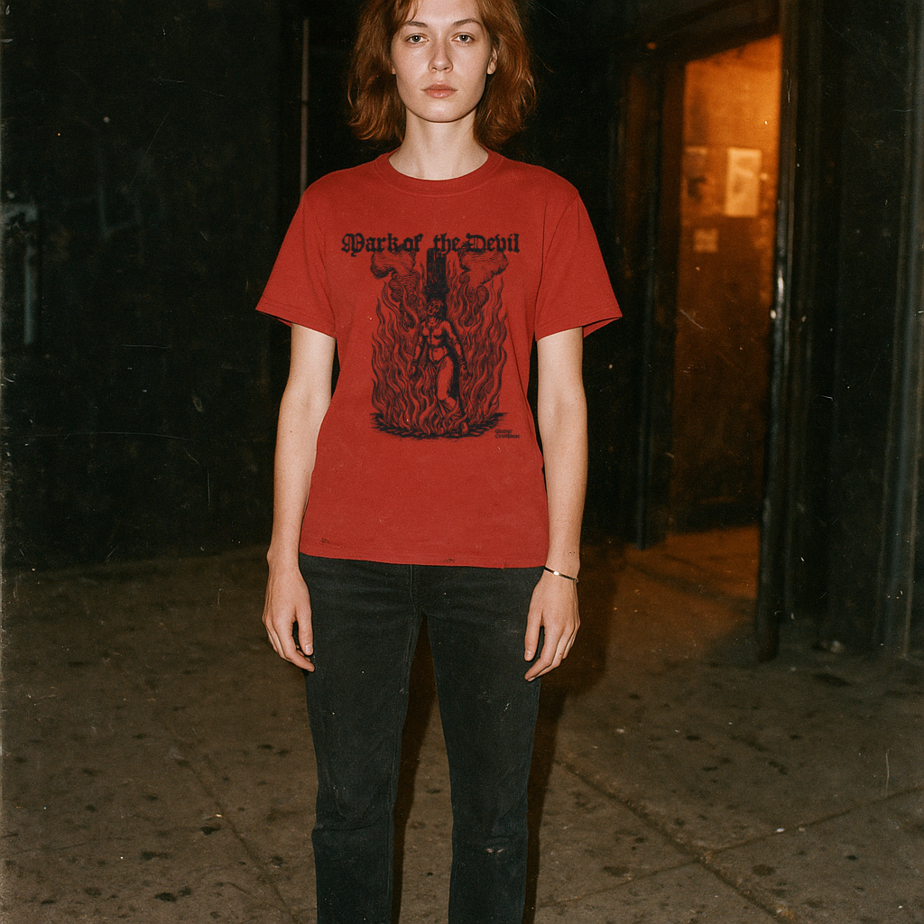 Mark of the Devil - Edition Red t-shirt with dark flames and witch silhouette worn by model in moody urban setting