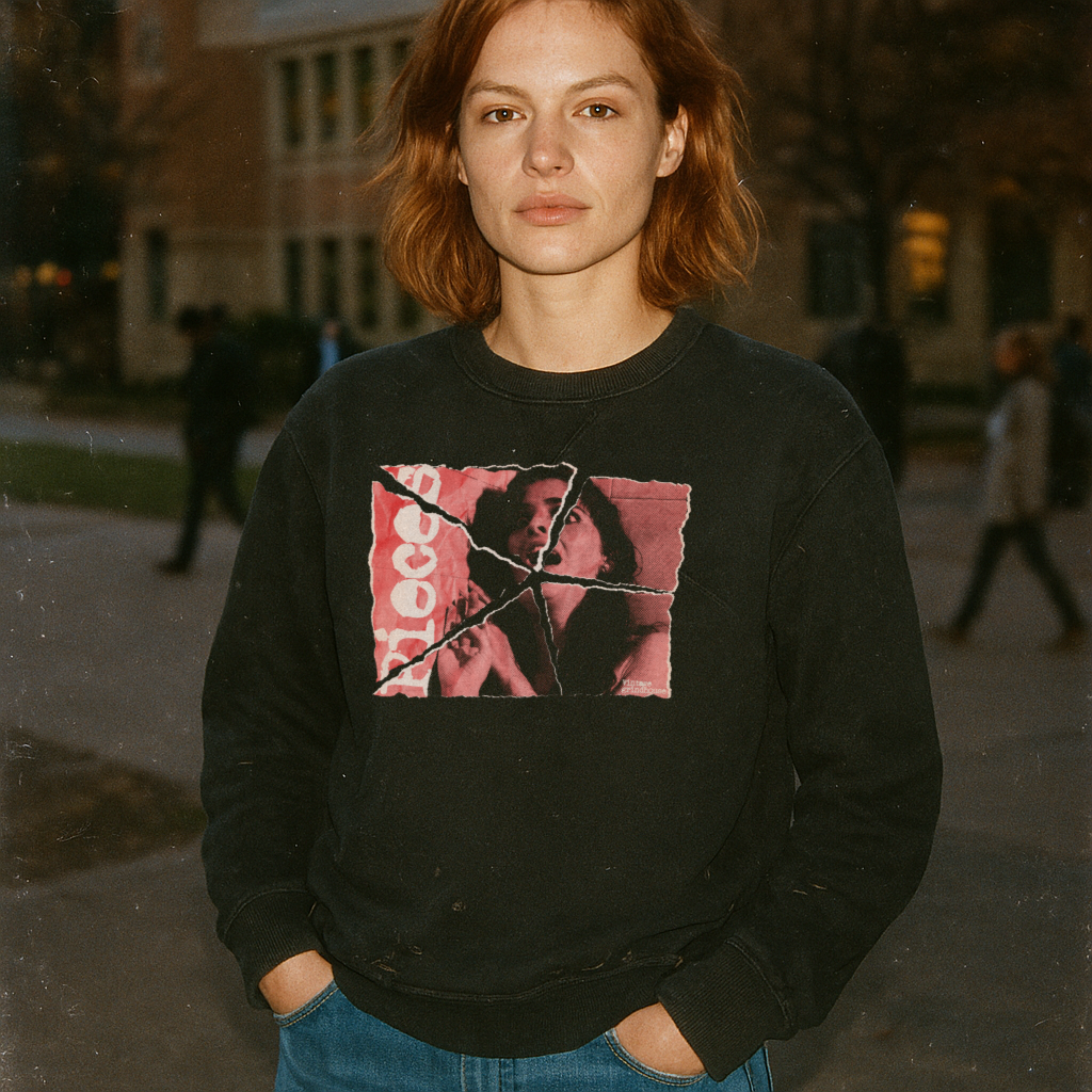 Pieces -Torn Asunder Edition sweatshirt with distressed torn photo graphic worn by female model outdoors at dusk