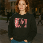 Pieces -Torn Asunder Edition sweatshirt with distressed torn photo graphic worn by female model outdoors at dusk