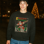 Man wearing Santa Clause Conquers the Martians sweatshirt with retro comic cover art near illuminated holiday tree at night