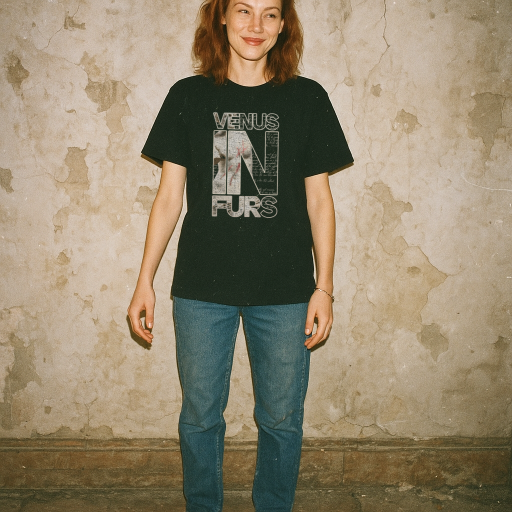 Woman wearing black Venus in Furs t-shirt with bold block text and subtle artistic imagery inside letters against worn wall background