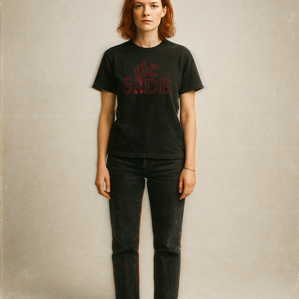 Marquis de Sade t-shirt in black with dark red stylized text worn by woman against plain wall background