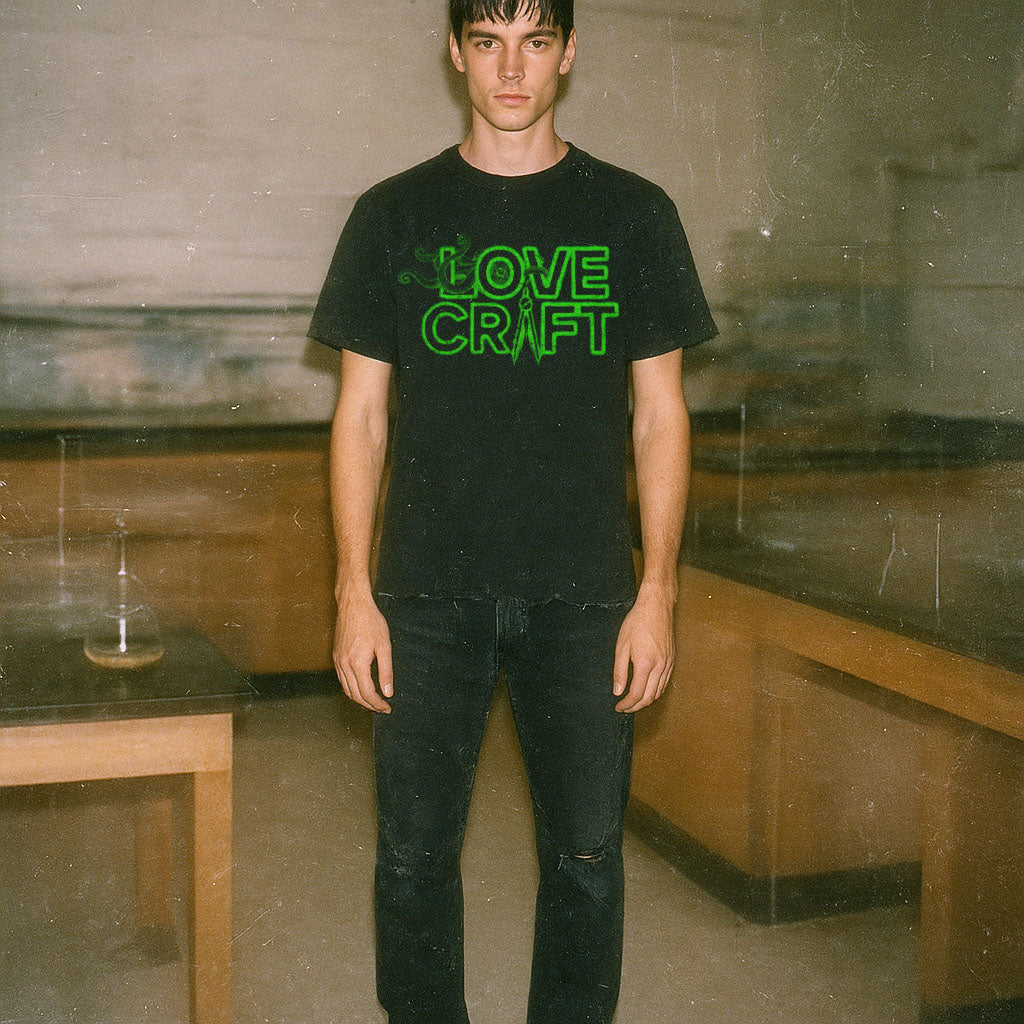 Person wearing black H.P. Lovecraft t-shirt with glowing green stylized text and cosmic tentacle design in dimly lit room