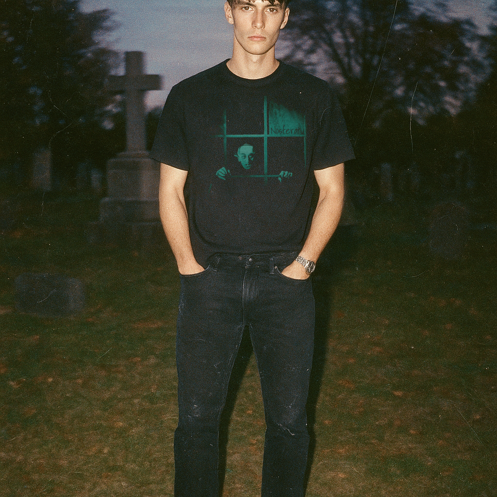 Man wearing Nosferatu: A Symphony of Horror black shirt with eerie vampire graphic in nighttime graveyard setting