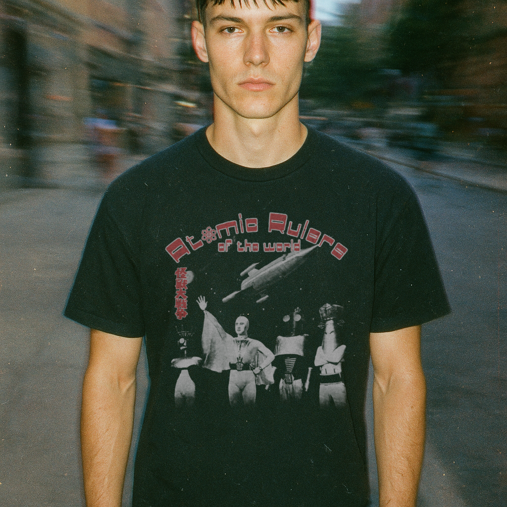 Young man wearing Atomic Rulers of the World t-shirt featuring retro sci-fi characters and spaceship design on black shirt.