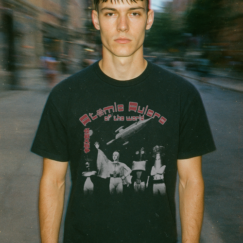 Young man wearing Atomic Rulers of the World t-shirt featuring retro sci-fi characters and spaceship design on black shirt.