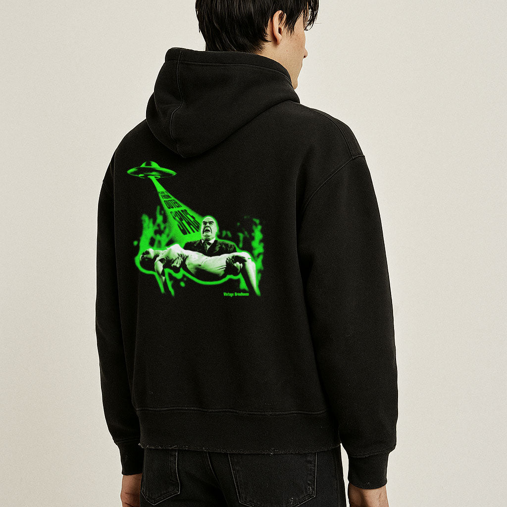 Plan 9 from Outer Space hoodie - front and rear prints! featuring neon green alien abduction graphic on black fabric