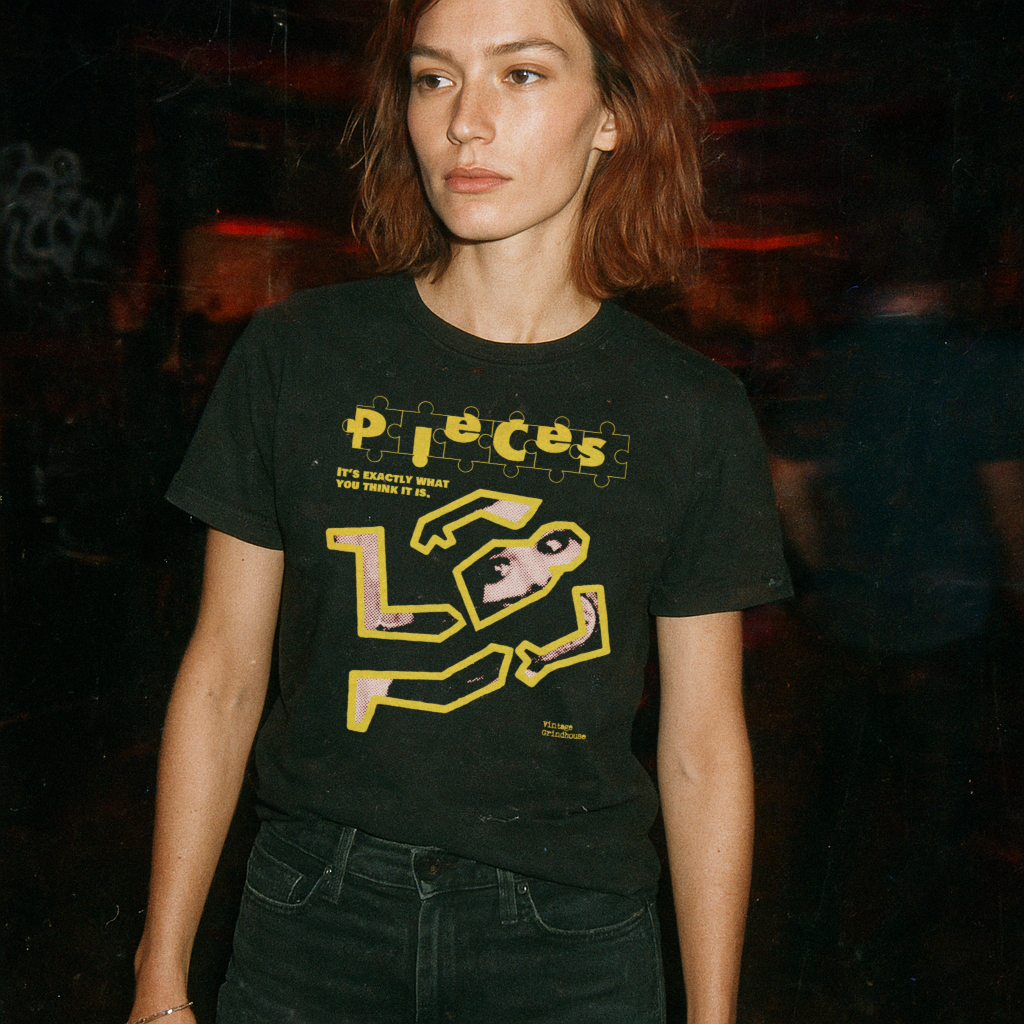 Person wearing a black t-shirt with yellow graphic design and text.