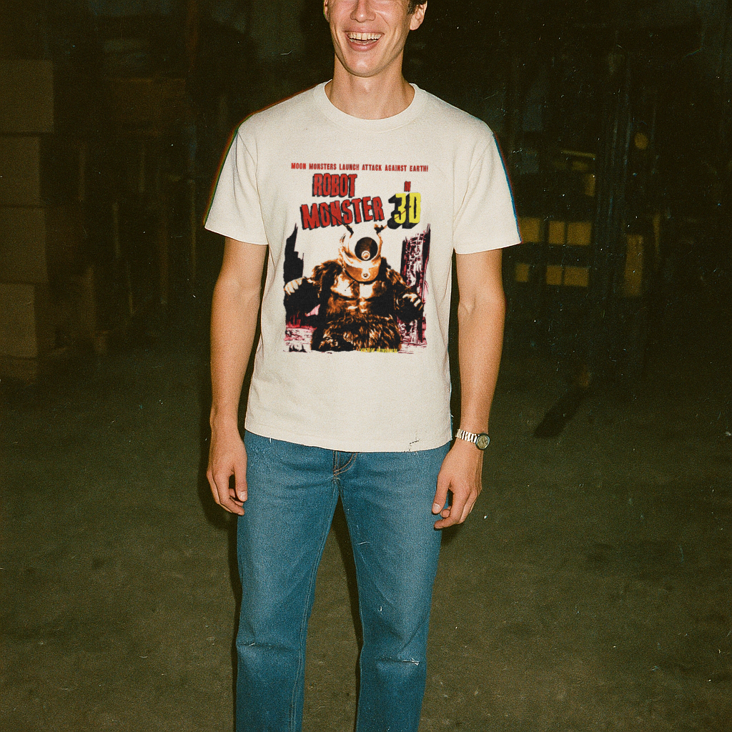 Man wearing white t-shirt with vintage Robot Monster graphic showing sci-fi robot and text in 3D style