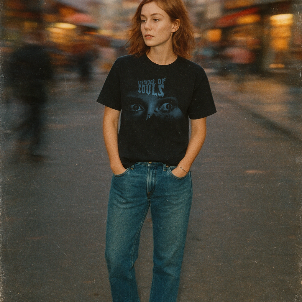 Model wearing Carnival of Souls t-shirt with haunting eyes and title in vintage grindhouse style on black fabric.