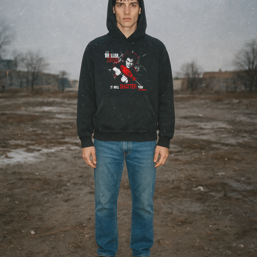 Person wearing a black hoodie with graphic design in an outdoor setting
