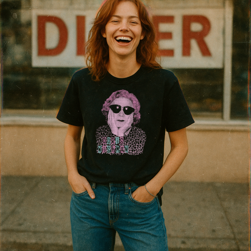 Young woman smiling outdoors wearing Doris Wishman t-shirt Design 2 featuring retro woman with sunglasses and leopard print accents.