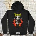 Demoni hoodie (rear print) with detailed horror mask graphic held by hands and yellow stylized text on black fabric
