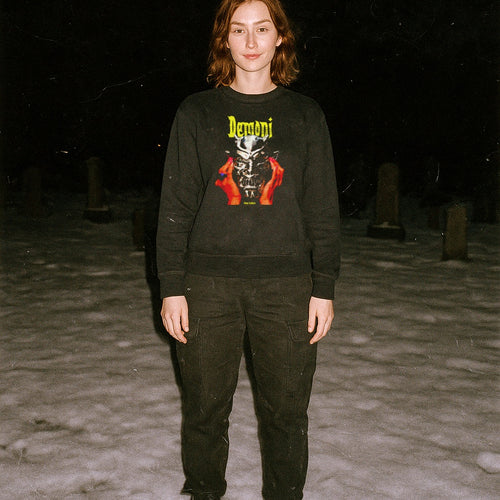 Person standing outdoors at night wearing Demoni aka Demons sweatshirt with bold yellow text and fiery red hands graphic