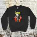 Black Demoni aka Demons sweatshirt with vivid graphic of red hands holding a silver demonic mask and yellow text