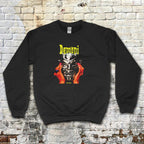 Black Demoni aka Demons sweatshirt with vivid graphic of red hands holding a silver demonic mask and yellow text